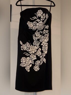 White House Black Market Black Strapless Dress with White Floral Design